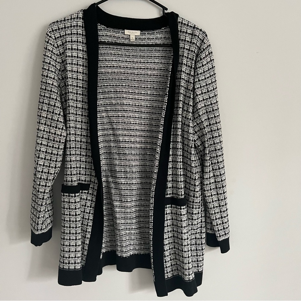 Talbots Black and White Tweed Print Knit Open Front Cardigan